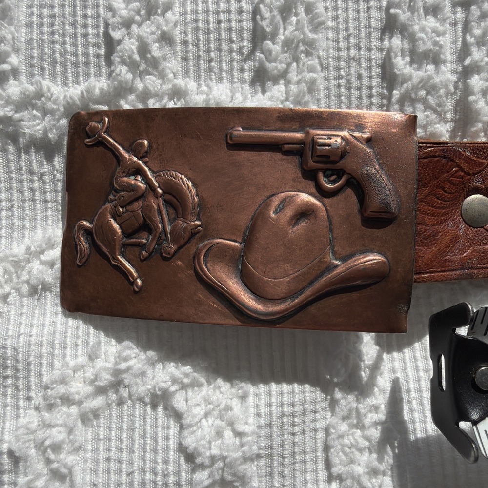 Cowboy Western Belt Boys 26 Brown Leather Excellent Copper Floral Buckle